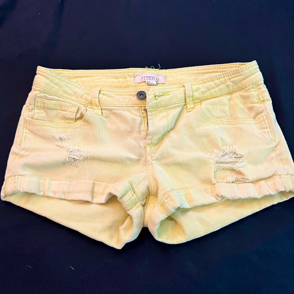 2.1 Denim Forever 21 Women’s Low-rise Yellow Stretch Distress Cuff Denim Shorts
